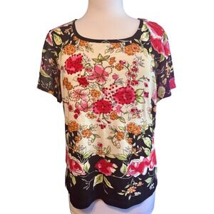 Forbidden Floral Knit Top‎ Women L Black Cream Pink Excellent Sheer Sleeve Rose